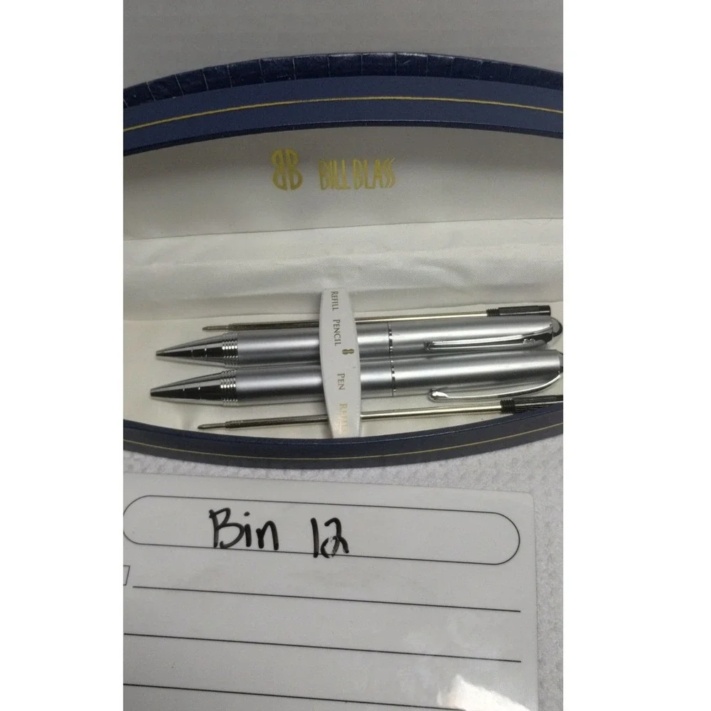 Bill Blass Silver Pen & Pencil Writing Instrument‎ Set with Case Refills